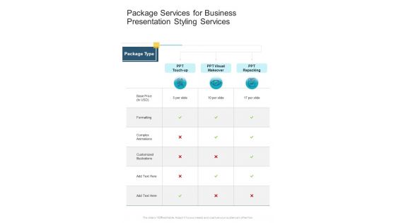 Package Services For Business Presentation Styling Services One Pager Sample Example Document