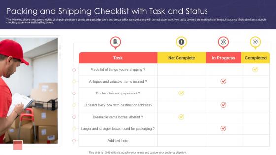 Packing And Shipping Checklist With Task And Status