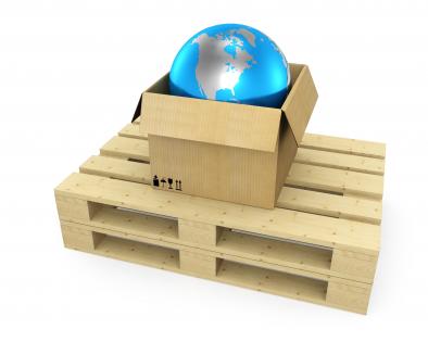 Pallet with box globe inside stock photo