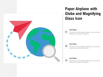 Paper airplane with globe and magnifying glass icon