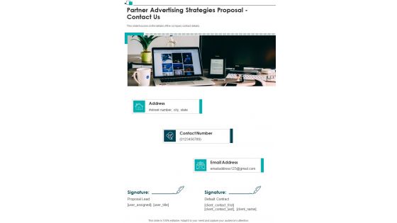 Partner Advertising Strategies Proposal Contact Us One Pager Sample Example Document