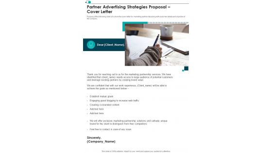 Partner Advertising Strategies Proposal Cover Letter One Pager Sample Example Document