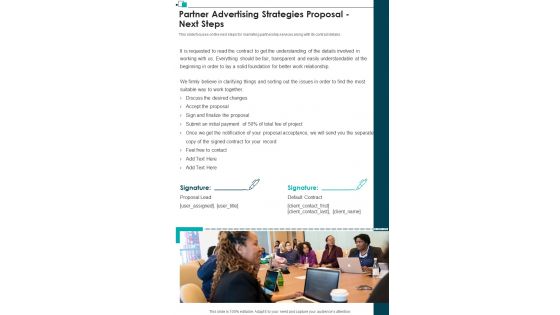 Partner Advertising Strategies Proposal Next Steps One Pager Sample Example Document