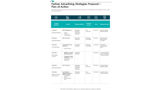 Partner Advertising Strategies Proposal Plan Of Action One Pager Sample Example Document