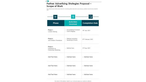 Partner Advertising Strategies Proposal Scope Of Work One Pager Sample Example Document