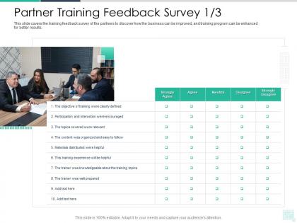 Partner training feedback survey organized reseller enablement strategy ppt slides