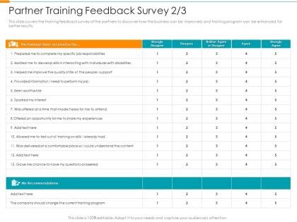 Partner training feedback survey support partner relationship management prm tool ppt tips