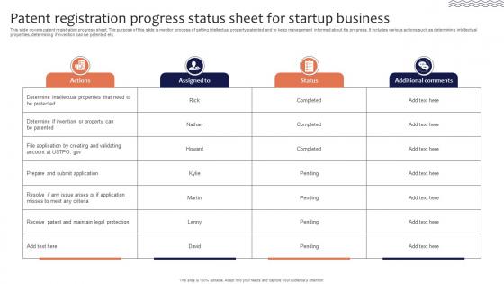 Patent Registration Progress Status Sheet For Startup Business