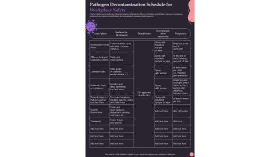 Pathogen Decontamination Schedule For Workplace Safety One Pager Sample Example Document