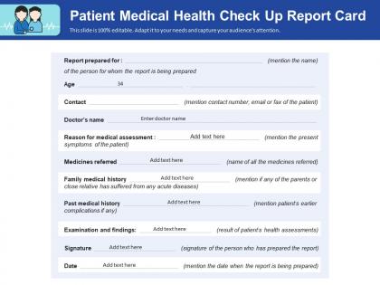 Patient medical health check up report card