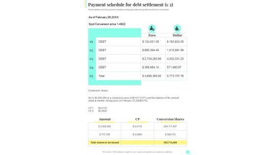 Payment Schedule For Debt Settlement One Pager Sample Example Document