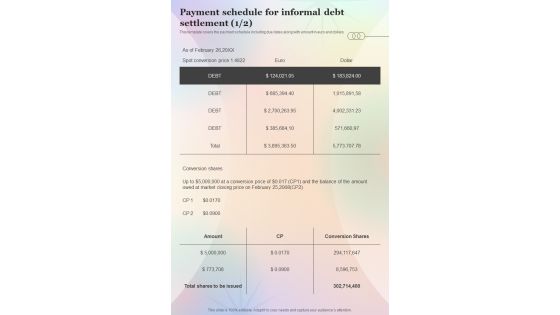 Payment Schedule For Informal Debt Settlement One Pager Sample Example Document