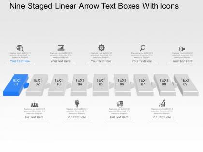 Pb nine staged linear arow text boxes with icons powerpoint template slide