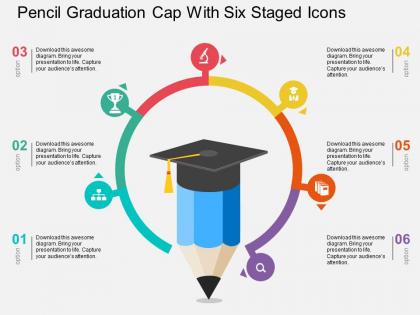Pencil graduation cap with six staged icons flat powerpoint design