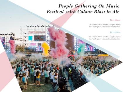 People gathering on music festival with colour blast in air