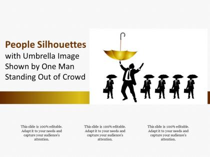 People silhouettes with umbrella image shown by one man standing out of crowd