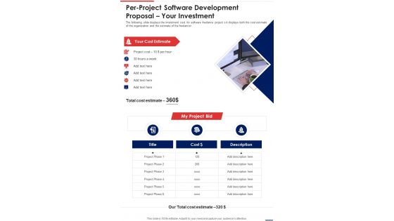 Per Project Software Development Proposal Your Investment One Pager Sample Example Document