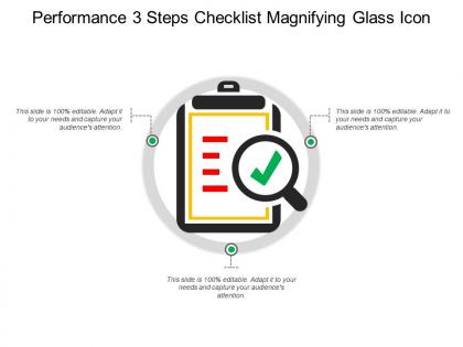 Performance 3 steps checklist magnifying glass icon