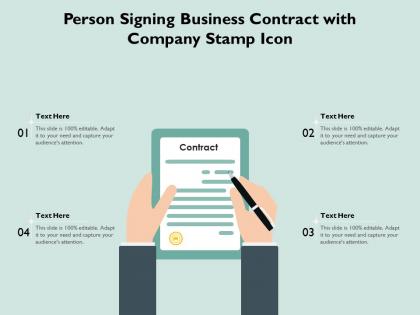 Person signing business contract with company stamp icon