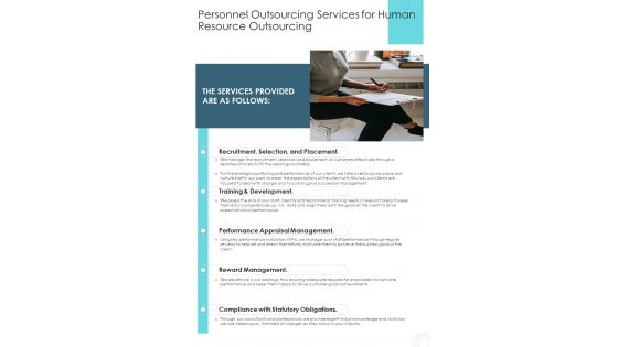 Personnel Outsourcing Services For Human Resource Outsourcing One Pager Sample Example Document