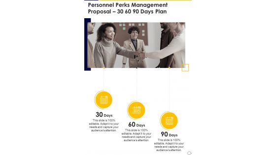 Personnel Perks Management Proposal 30 60 90 Days Plan One Pager Sample Example Document