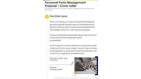 Personnel Perks Management Proposal Cover Letter One Pager Sample Example Document