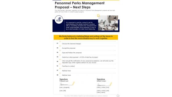 Personnel Perks Management Proposal Next Steps One Pager Sample Example Document