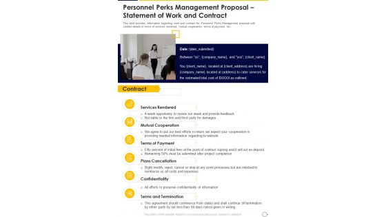 Personnel Perks Management Proposal Statement Of Work And Contract One Pager Sample Example Document