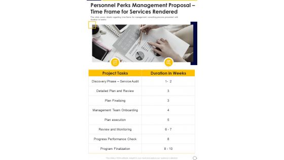 Personnel Perks Management Proposal Time Frame For Services Rendered One Pager Sample Example Document