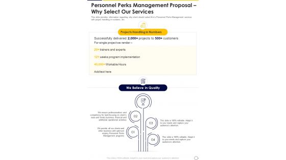Personnel Perks Management Proposal Why Select Our Services One Pager Sample Example Document