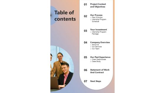 Personnel Training Program Table Of Contents One Pager Sample Example Document
