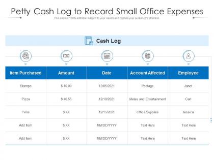 Petty cash log to record small office expenses