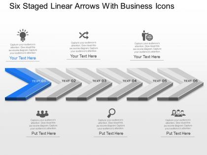 Ph six staged linear arrows with business icons powerpoint template slide
