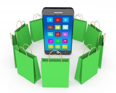 Phone and shopping bags stock photo