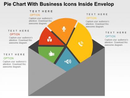 Pie chart with business icons inside envelop powerpoint slides