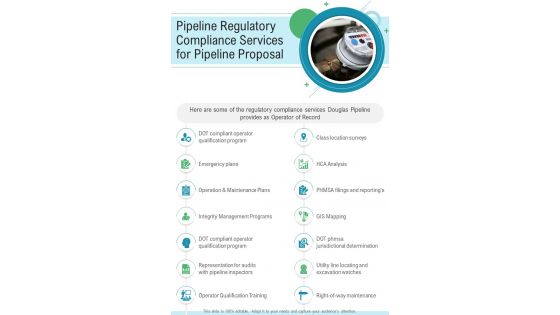 Pipeline Regulatory Compliance Services For Pipeline Proposal One Pager Sample Example Document