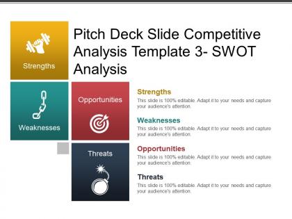 Pitch deck slide competitive analysis template 3 swot analysis ppt diagrams