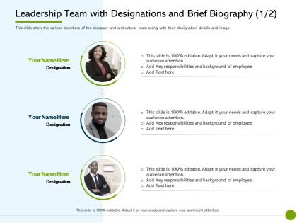 Pitch deck to public leadership team with designations and brief biography designation ppts tips
