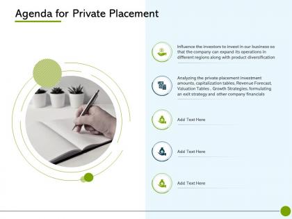 Pitch deck to raise non public offering agenda for private placement diversification ppts deck