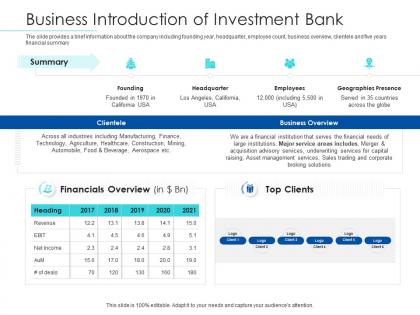 Pitchbook for merger deal business introduction of investment bank ppt powerpoint aids