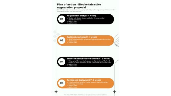 Plan Of Action Blockchain Suite Upgradation One Pager Sample Example Document