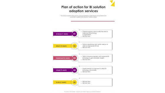 Plan Of Action For BI Solution Adoption One Pager Sample Example Document