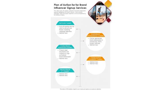 Plan Of Action For Brand Influencer Signup Services One Pager Sample Example Document