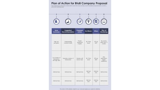 Plan Of Action For Btob Company Proposal One Pager Sample Example Document