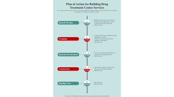 Plan Of Action For Building Drug Treatment Center Services One Pager Sample Example Document