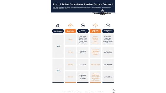 Plan Of Action For Business Aviation Service Proposal One Pager Sample Example Document