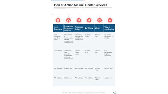 Plan Of Action For Call Center Services One Pager Sample Example Document