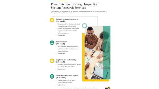Plan Of Action For Cargo Inspection System Research Services One Pager Sample Example Document
