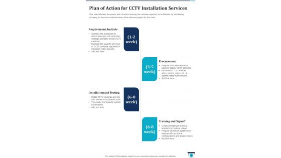 Plan Of Action For Cctv Installation Services One Pager Sample Example Document