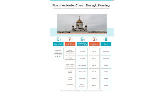 Plan Of Action For Church Strategic Planning One Pager Sample Example Document